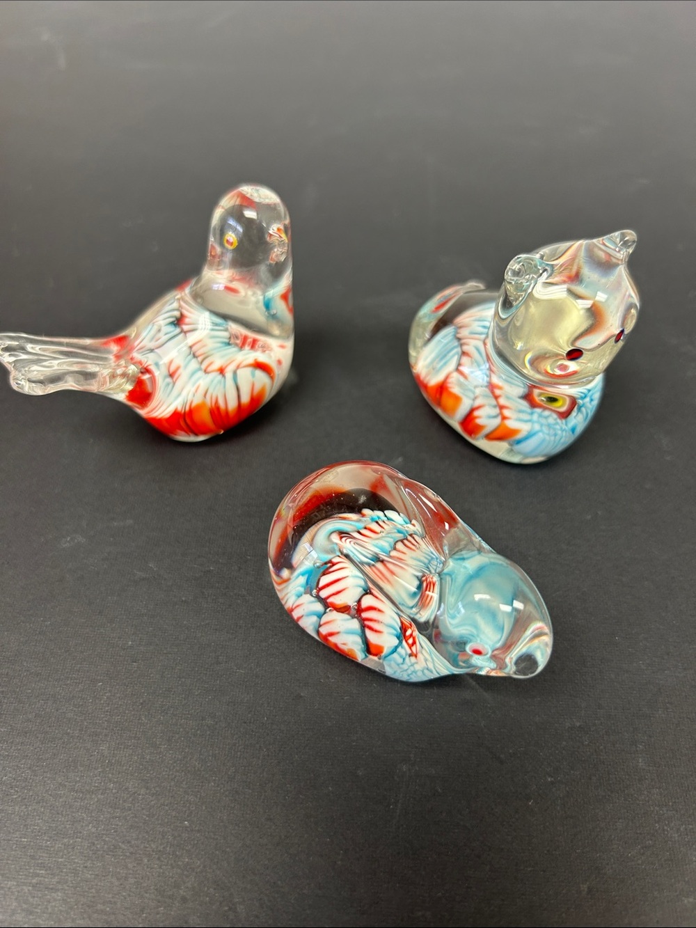 Vintage set of 3 small blown glass millefiori bird ,rabbit and pig paperweights